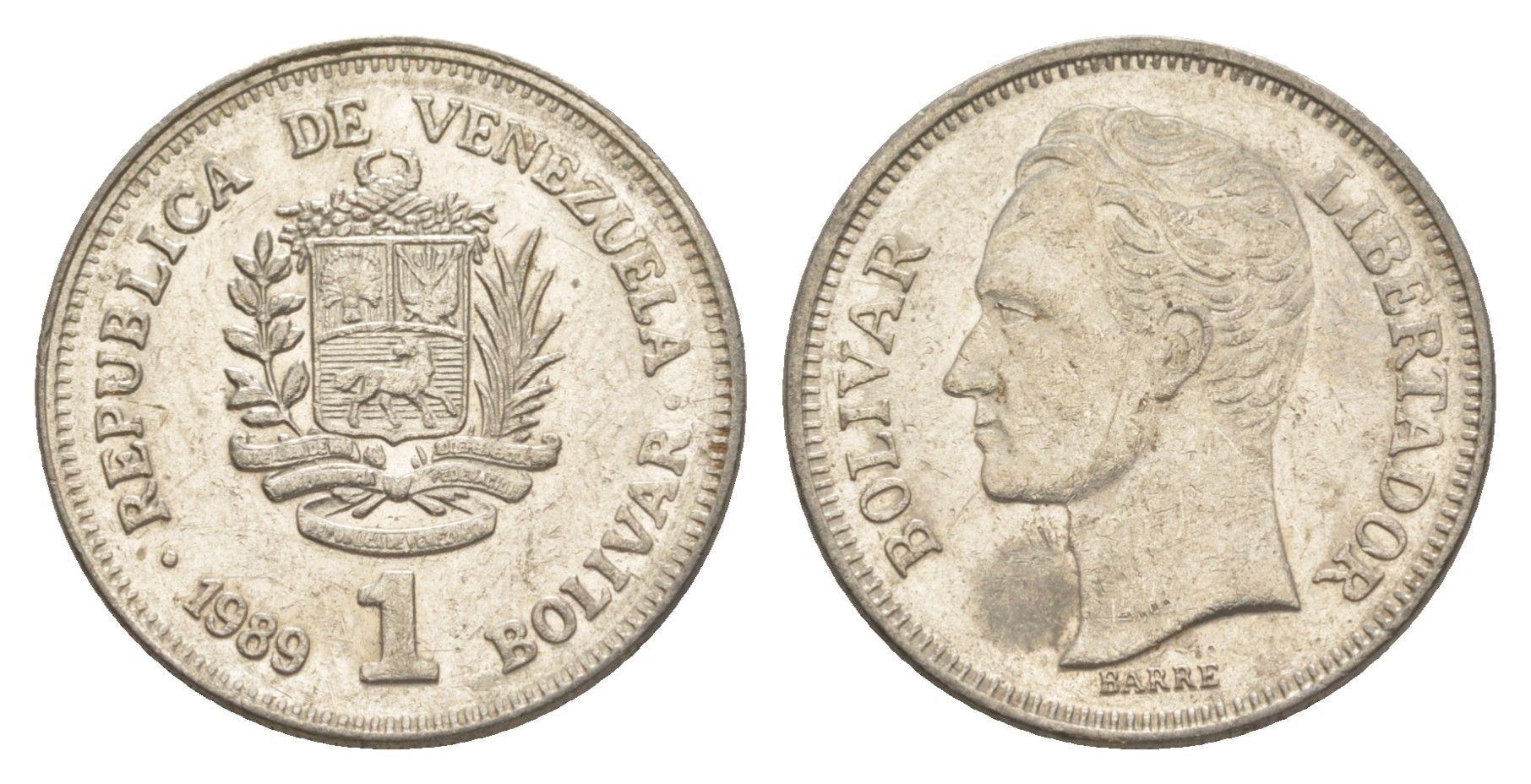 Венесуэла 1 боливар 1989 Симон Боливар, тонкий шрифт Y 52a.1 сталь плакированная никелем 4589-1134