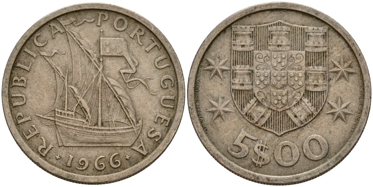 Португалия 5 эскудо 1966 парусник KM 591 медно-никель 4156-537