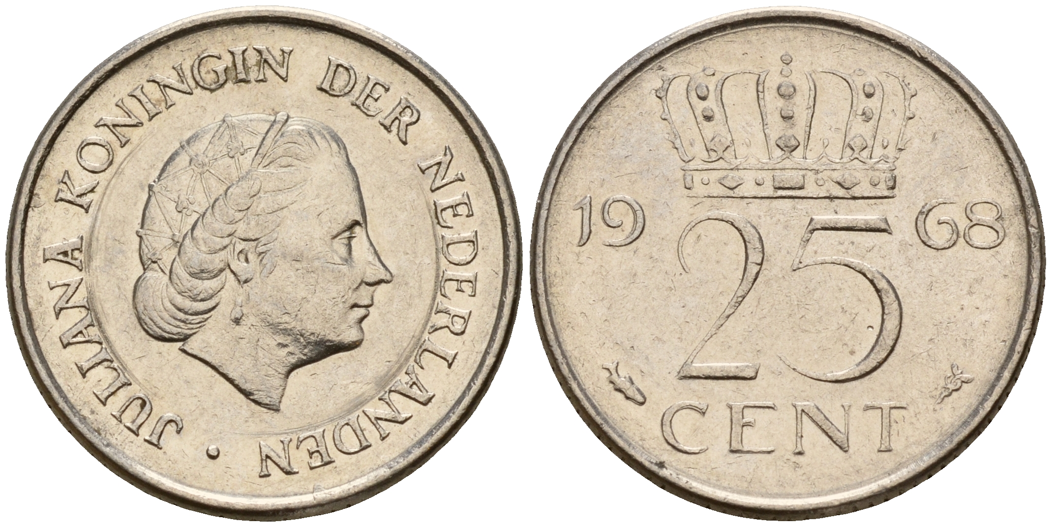 Нидерланды 25 центов 1968 Юлиана (1949-1980) KM 183 никель    4598-428