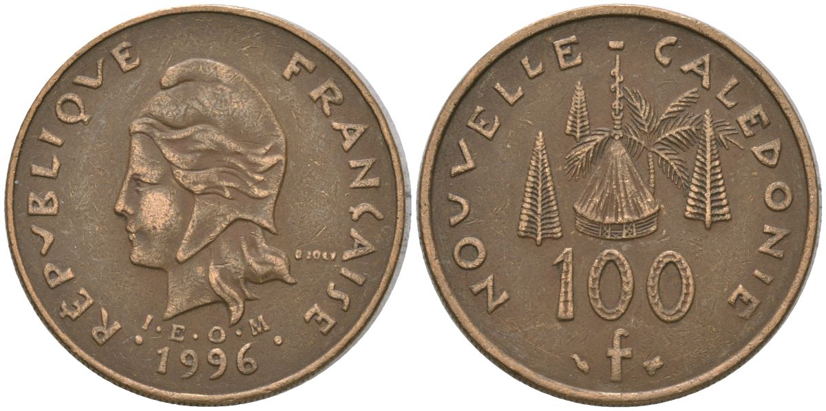 Французская Новая Каледония 100 франков 1996 хижина среди сосен и пальм, (IEOM) KM 15, Schoen 16, Lec 139 никель латунь 4140-1025