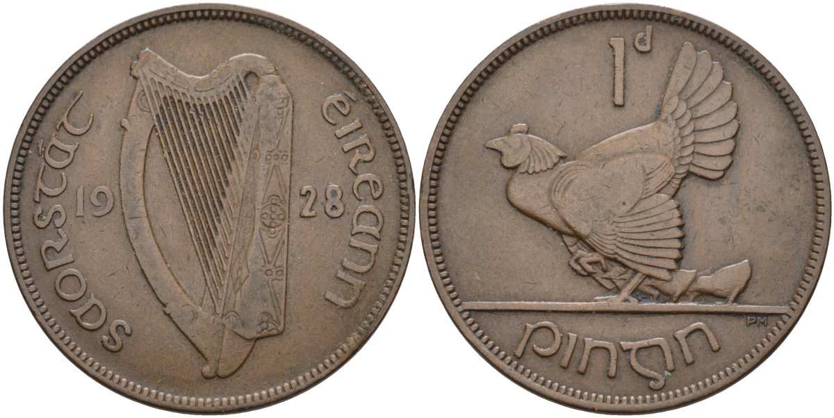 Ирландия 1 пенни 1928 курица с цыплятами KM 3 бронза 4593-443
