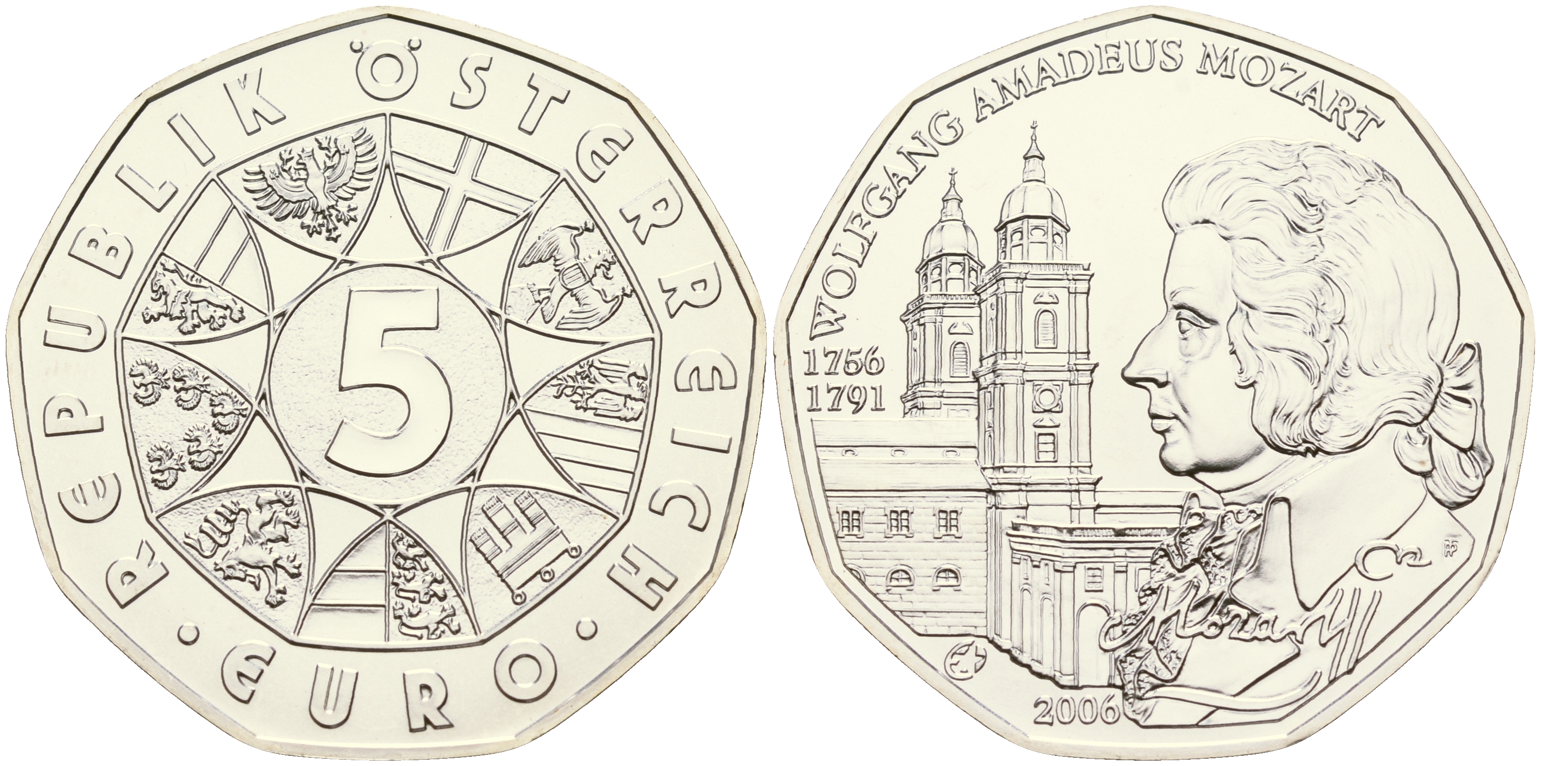 Австрия 5 евро 2006 250 лет со дня рождения Вольфганга Амадея Моцарта, Зальцбургский кафедральный собор KM 3131 серебро UNC 01-080-14