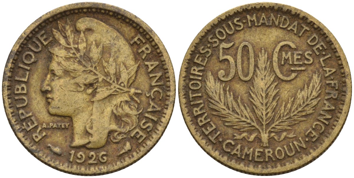 Камерун 50 сантимов 1926 (a), мондвор Париж KM 1 алюминиевая бронза 4164-1256
