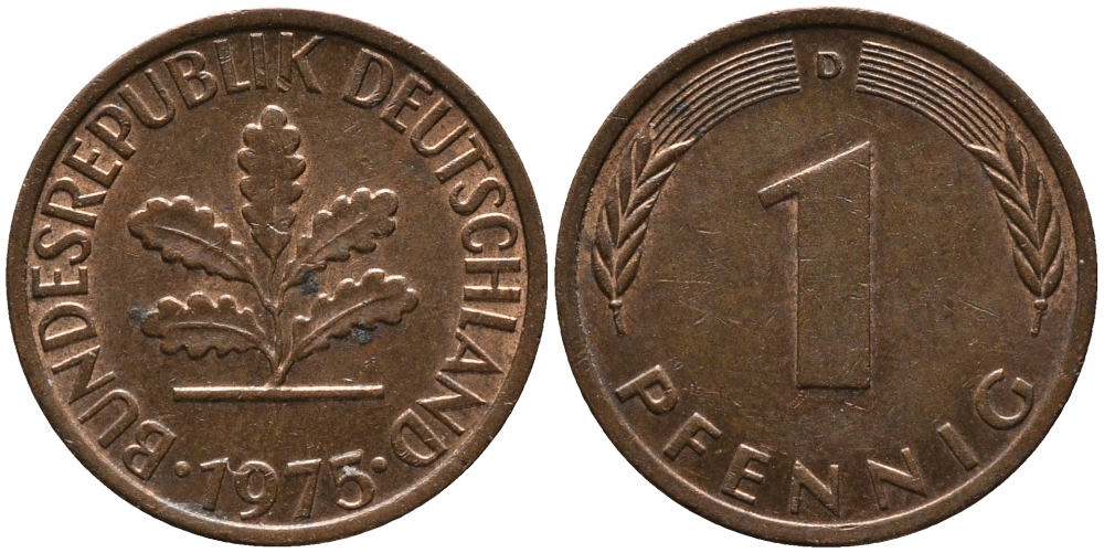 ФРГ 1 ПФЕННИГ 1975 D KM 105, J.380 сталь плакированная медью 96-1067