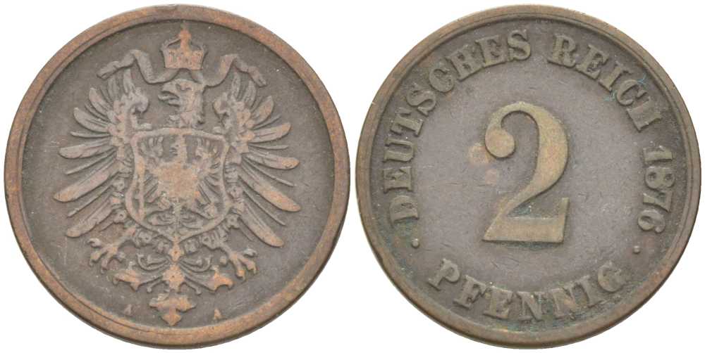 ГЕРМАНИЯ 2 ПФЕННИГА 1876 A, СТАРОГЕРБОВКА KM 2, J. 2, Weege 3 медь 212-637