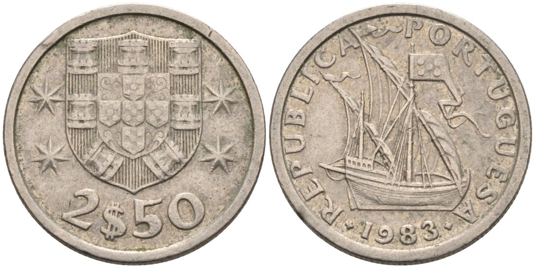 Португалия 2,5 эскудо 1983 парусник KM 590 медно-никель 4567-464