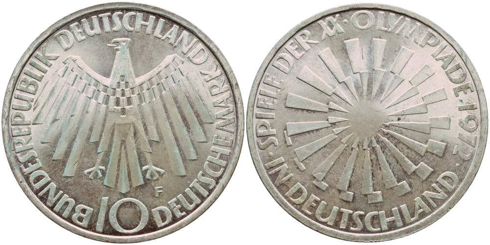 ФРГ 10 МАРОК 1972 F, ОЛИМПИАДА, СПИРАЛЬ J 401b, KM 134.1 серебро aUNC 1522-332