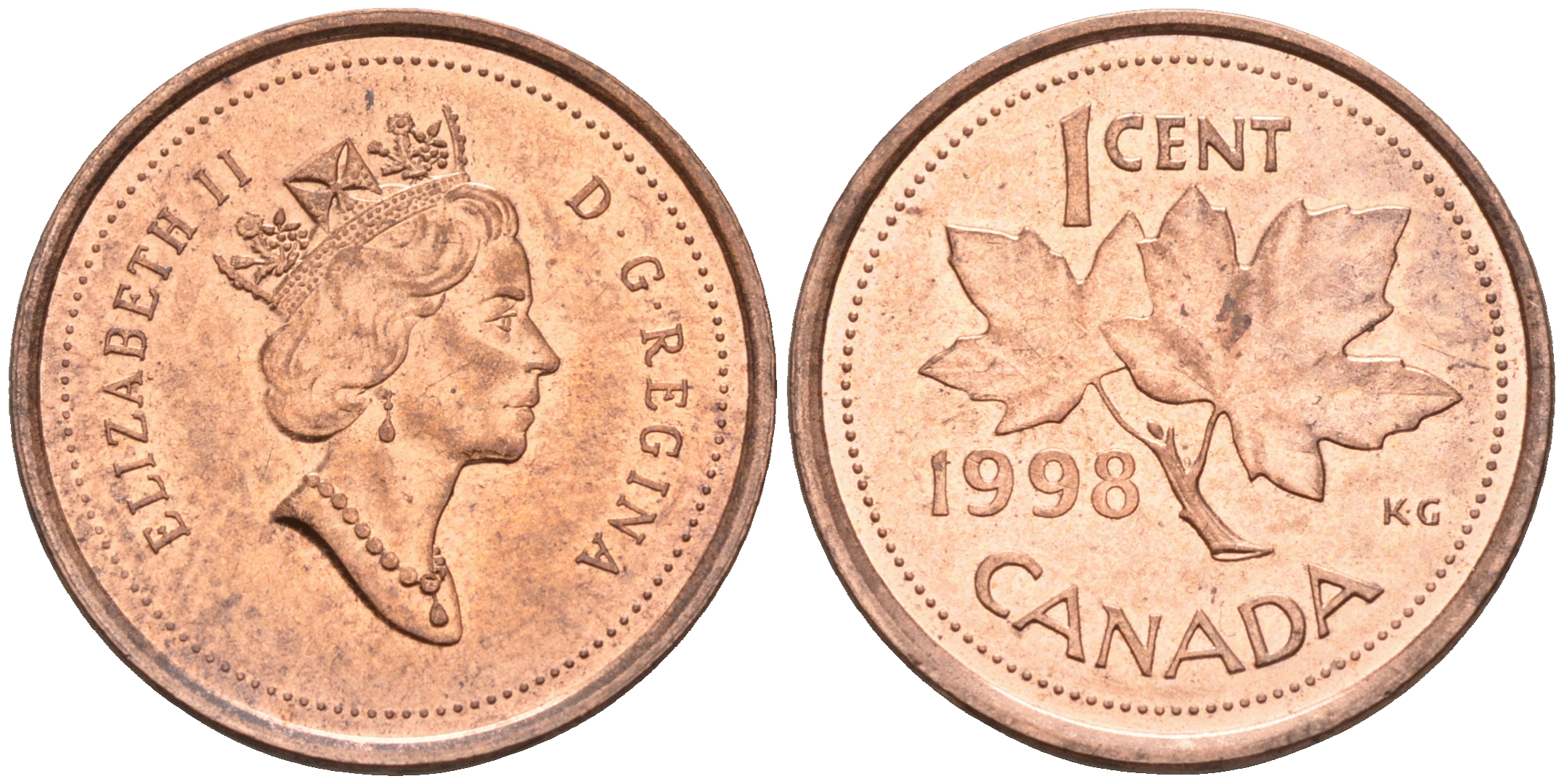 Канада 1 цент 1998 Елизавета II, кленовый лист KM 289 сталь плакированная медью    4147-328