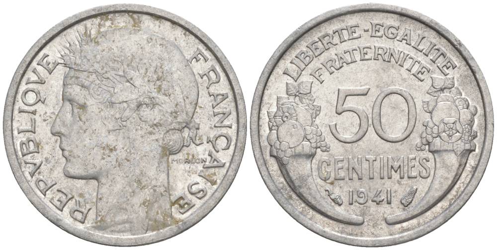 ФРАНЦИЯ 50 САНТИМОВ 1941 ТИП MORLON LOURDE KM 894.1a, LE FRANC 193.2 алюминий 44-317