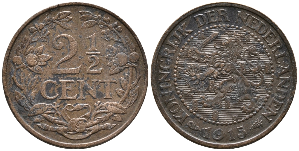 НИДЕРЛАНДЫ 2 1/2 ЦЕНТА 1915 ВИЛЬГЕЛЬМИНА KM 150 бронза 34-834