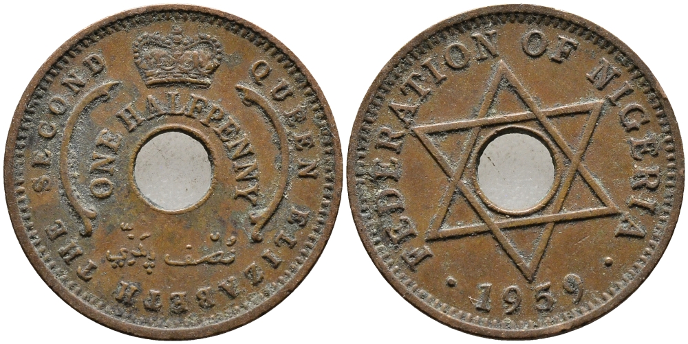Нигерия 1/2 пенни 1959 Елизавета II (1952-), Британский протекторат KM 1 бронза 4387-359