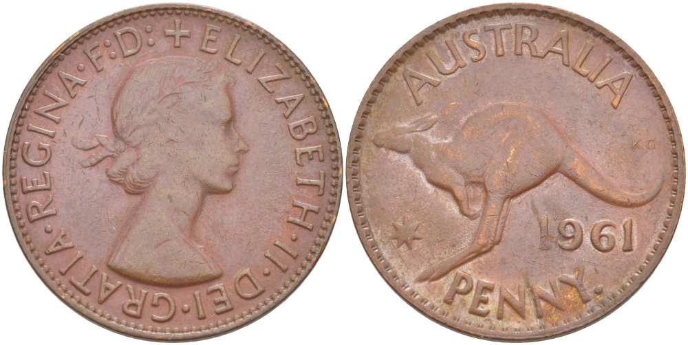 Австралия 1 пенни 1961 p, Елизавета II (1952-2022), кенгуру KM 56 бронза 4512-1215