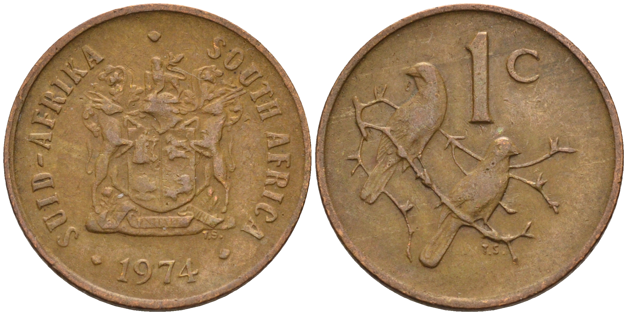ЮАР 1 цент 1974 герб, капские воробьи KM 82 бронза 4115-169