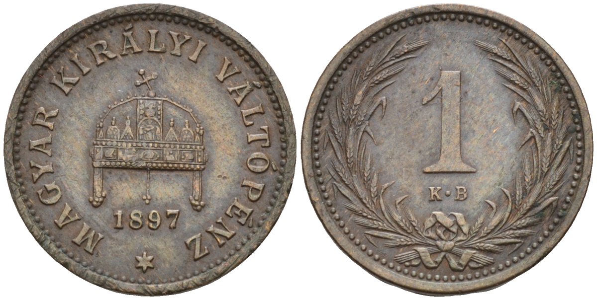 Венгрия 1 филлер 1897 КВ, Франц Иосиф I (1848-1916) KM 480 бронза 4585-156