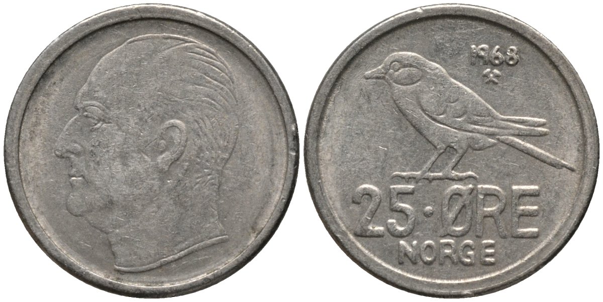 Норвегия 25 эре 1968 Улаф V (1958-1991), синица KM 407 медно-никель 218-1227