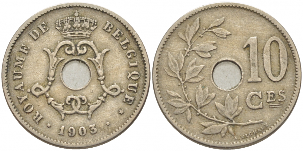 БЕЛЬГИЯ 10 САНТИМОВ 1903 BELGIQUE KM 48 медно-никель 4448-821