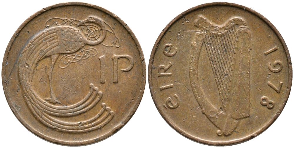 ИРЛАНДИЯ 1 ПЕННИ 1978 ПТИЧКА KM 20а сталь плакированная медью 28-823