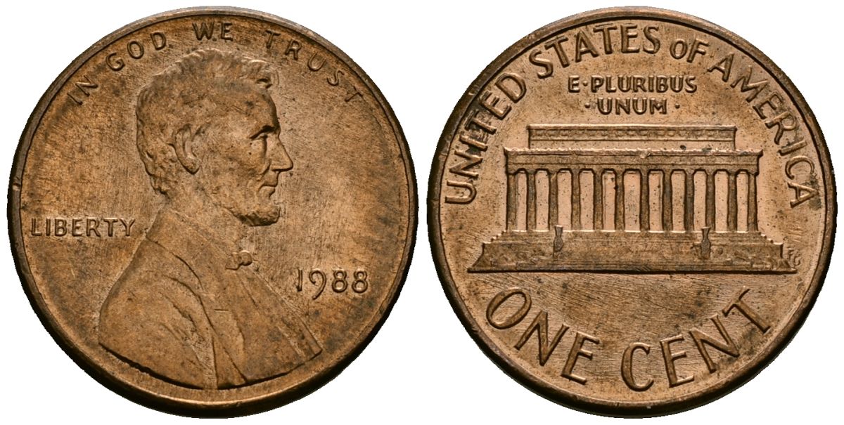 США 1 цент 1988 Линкольн KM 201b цинк плакированный медью 4136-335