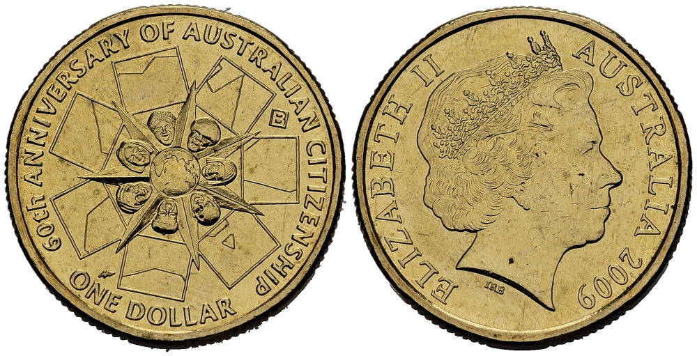 Австралия 1 доллар 2008 60 лет закону о гражданстве KM 1087 алюминиевая бронза UNC M94-14