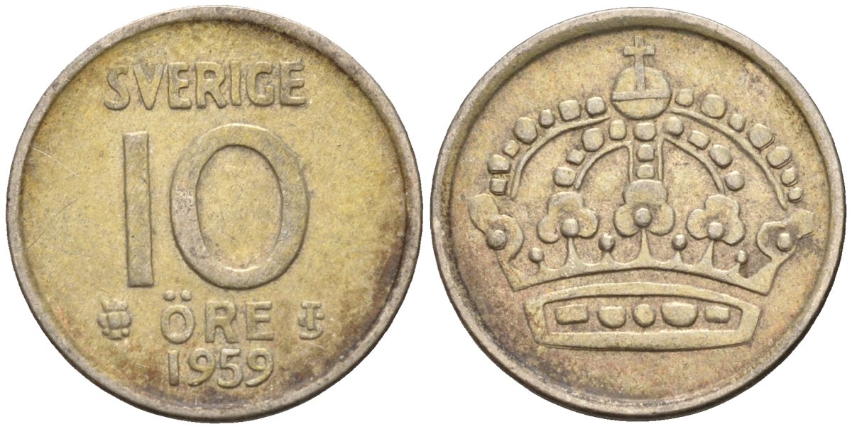 Швеция 10 эре 1959 Густав VI Адольф (1950-1973) KM 823 серебро 4147-921