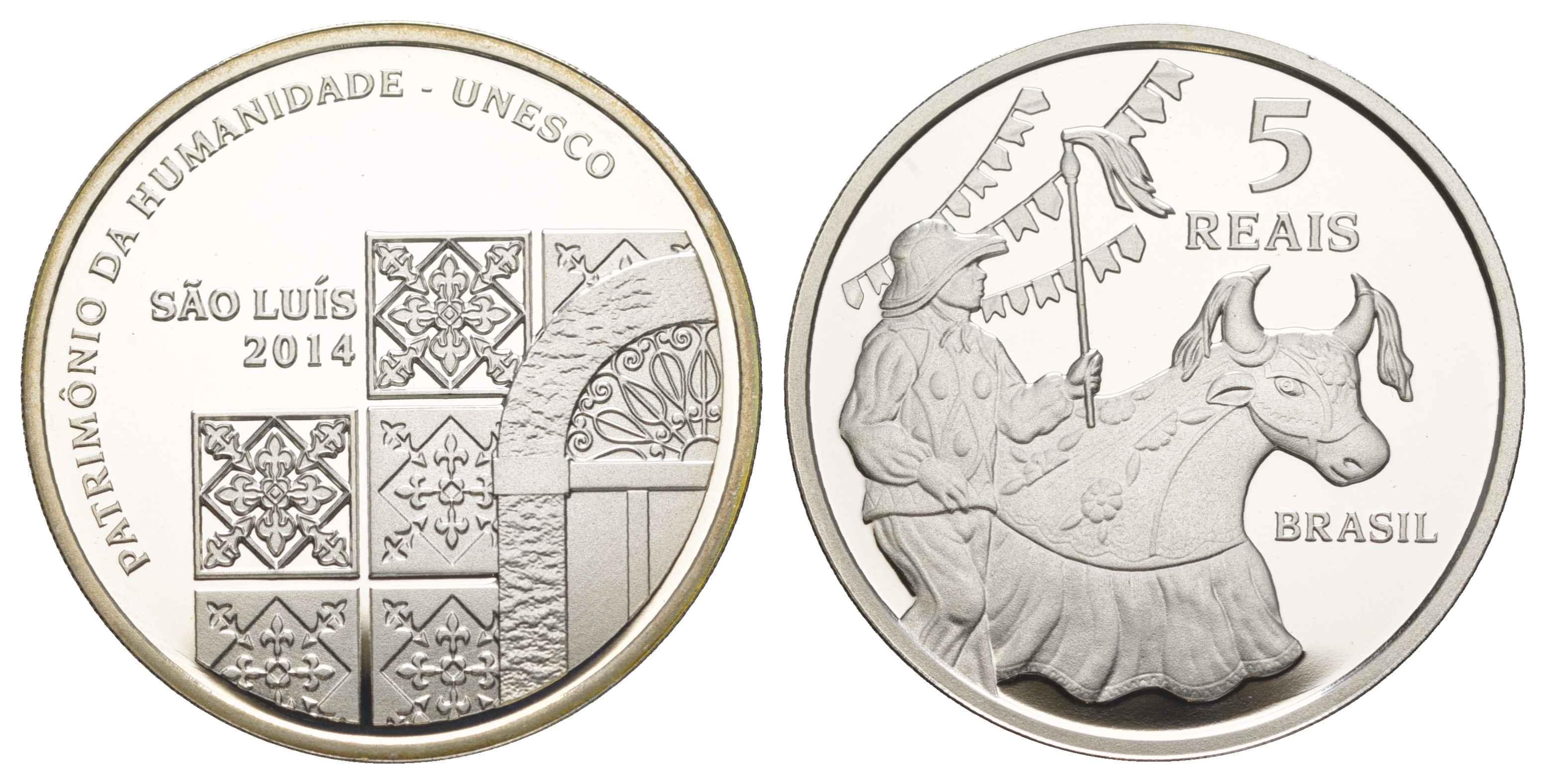 Бразилия 5 реалов 2014 ЮНЕСКО - Сан-Луис, тираж 3.000 экземпляров, в оригинальной коробке, с сертификатом KM 700 серебро  PROOF  3-6-1-06