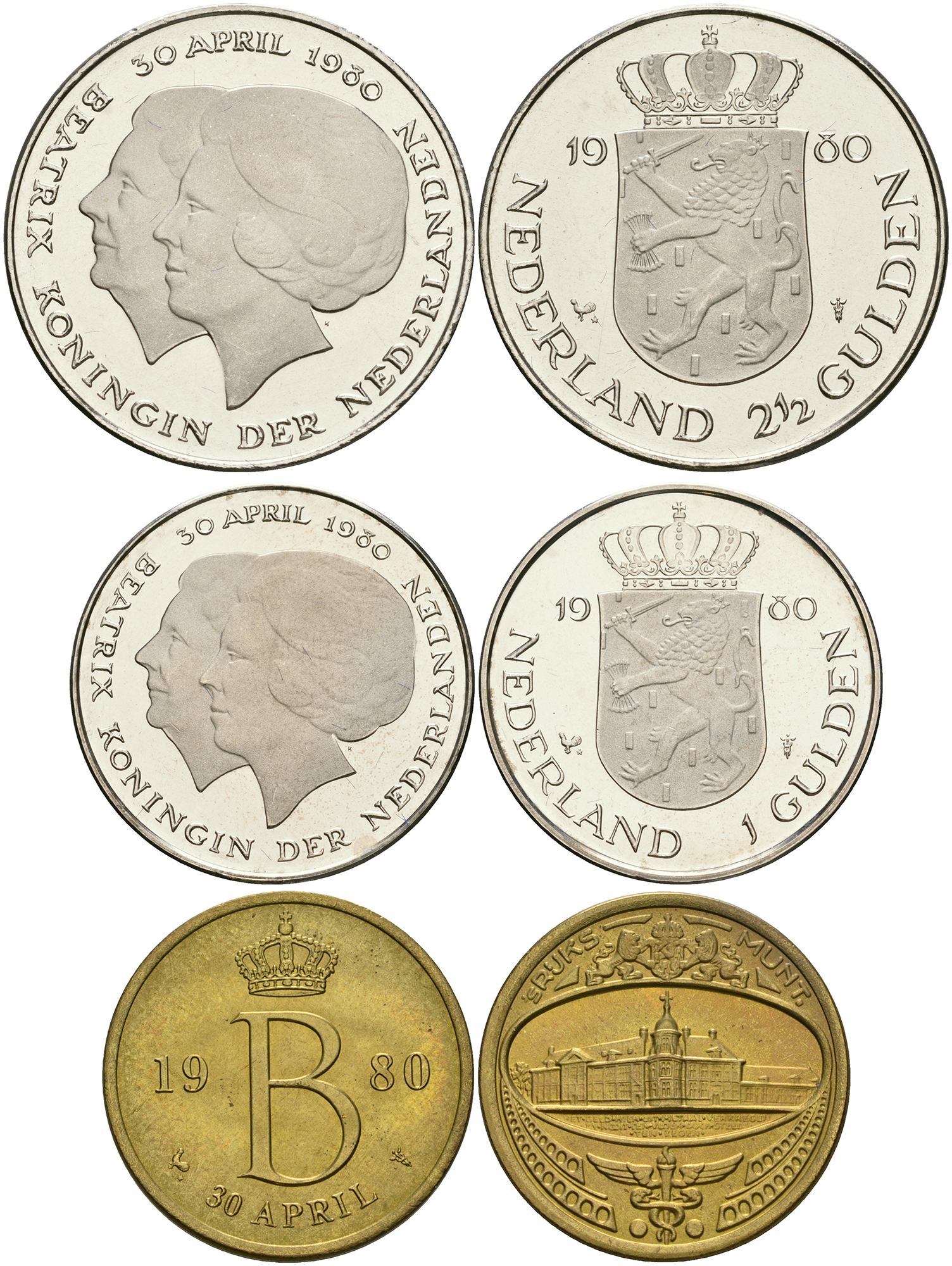 Нидерланды набор из 2 монет и 1 жетона монетного двора 1 гульден 2 1/2 гульдена в оригинальной коробке с сертификатом 1980 коронация Беатрикс KM 200, 201 медно-никель  UNC  2-4-2-52