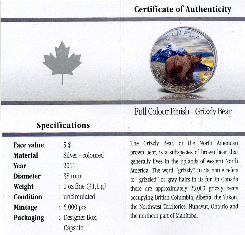 Канада 5 долларов 2011 серия Животный мир Канады, медведь гризли, в оригинальной коробке с сертификатом тираж 5000 экз., цветная эмаль серебро UNC 5-5-1-13