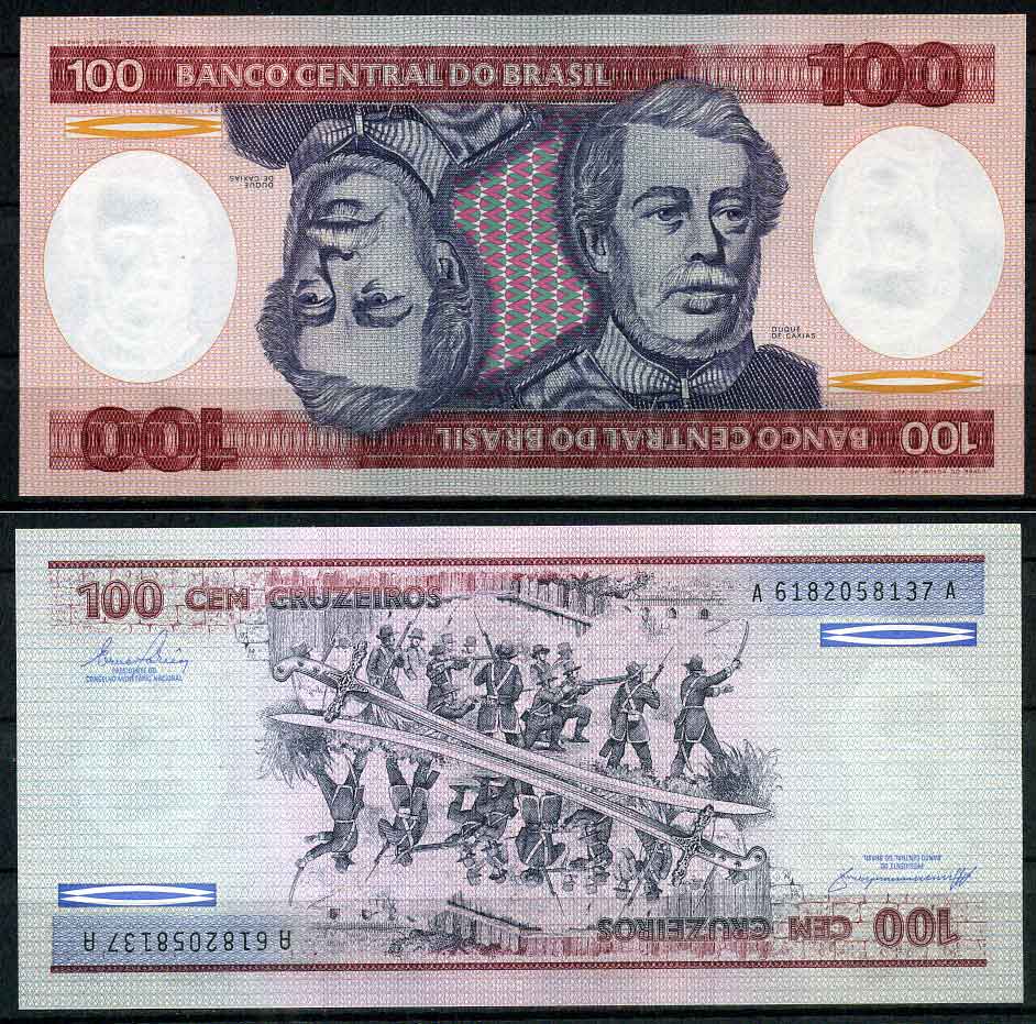 Бразилия 100 крузейро ND (1981-1984) серия А 6182, Герцог Каксиас Pick 198 b бумага UNC (пресс)   447-17-2