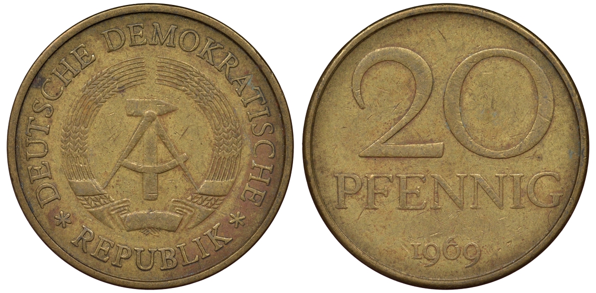 ГДР 20 пфеннигов 1969 А, первый год KM 11 латунь 62-944