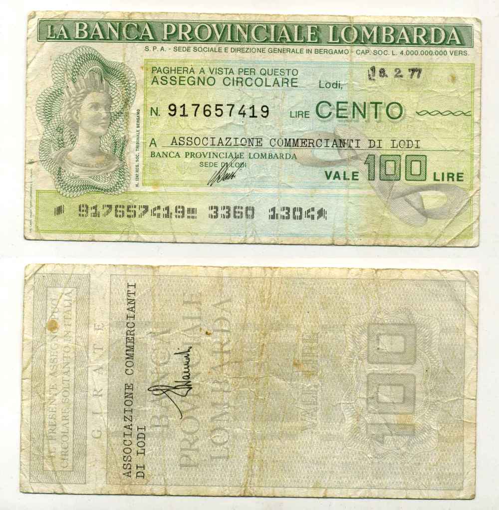 Италия 100 лир 1977 La Banca provinciale lombarda. ассоциация торговцев LODi, 18 февраля 1977 бумага 8588-18-4-1