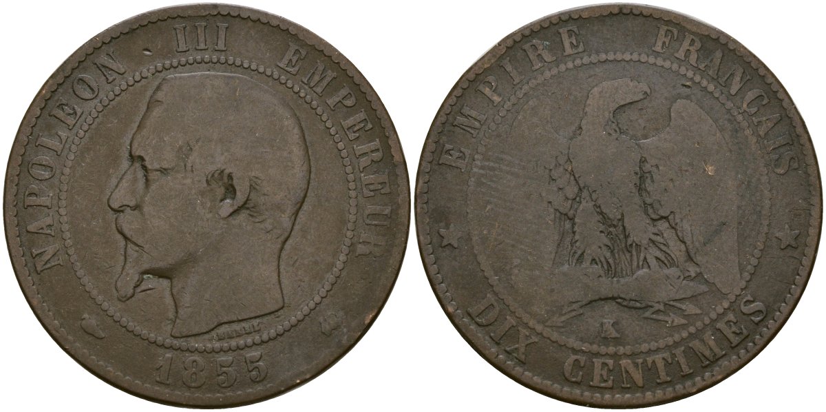 Франция 10 сантимов 1855 K - Бордо, Наполеон III (1852 - 1870) KM 771 бронза 4168-536