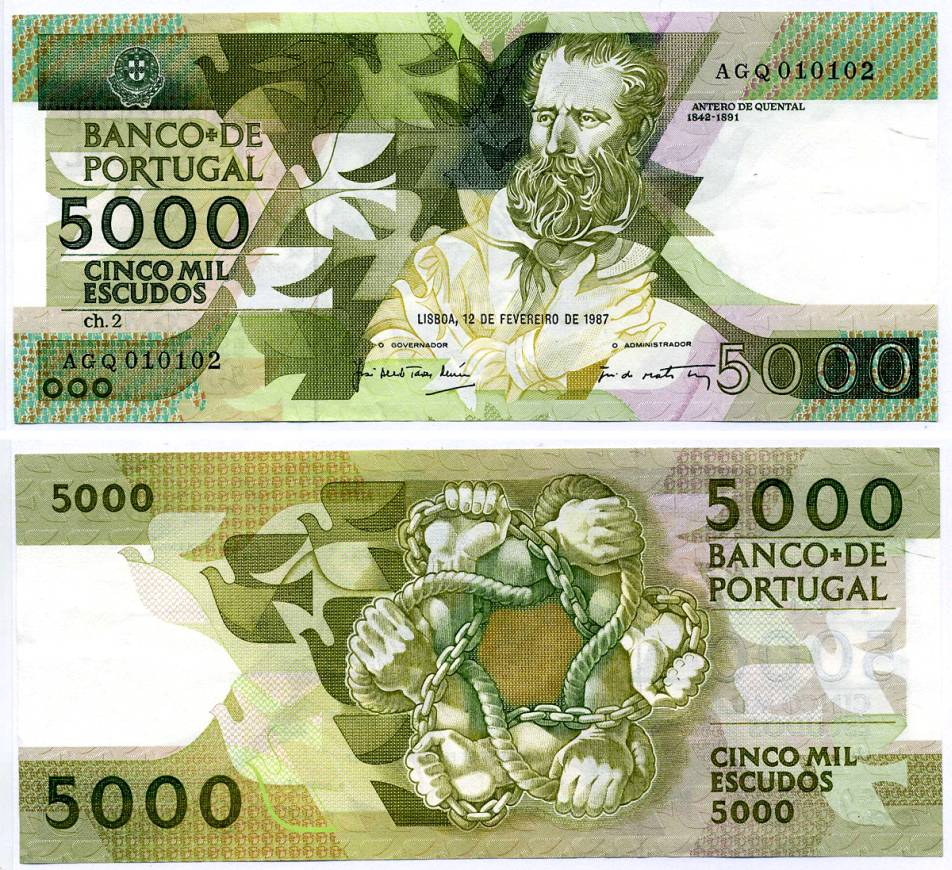 Португалия 5000 эскудо 1987 Антеру Таркиниу де Кентал Pick 183а бумага XF 7203-70-2-2