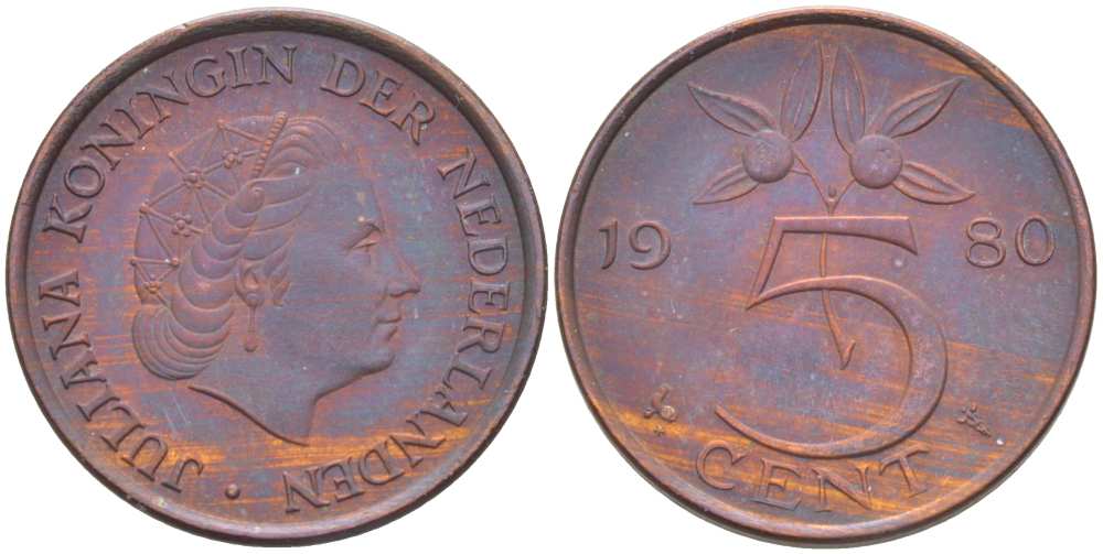 Нидерланды 5 центов 1980 Юлиана (1948-1980) KM 181 бронза 210-1222