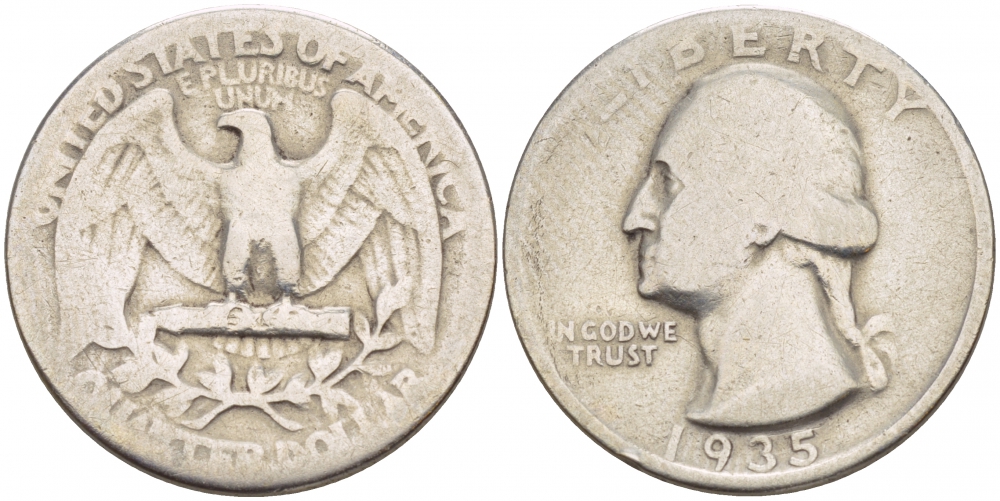 США 25 центов = квотер 1935 Вашингтон KM 164 серебро 4546-1241