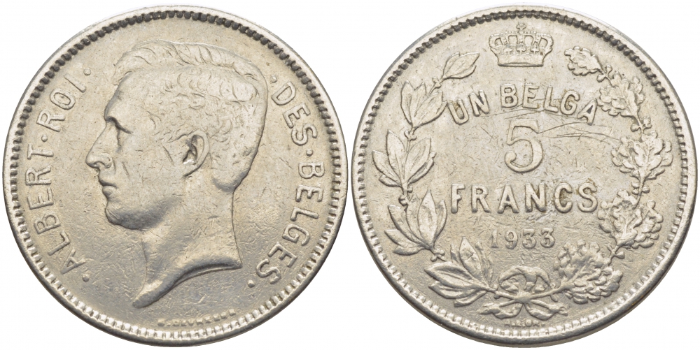 БЕЛЬГИЯ 5 ФРАНКОВ 1933 BELGES KM 97.1 никель 114-823