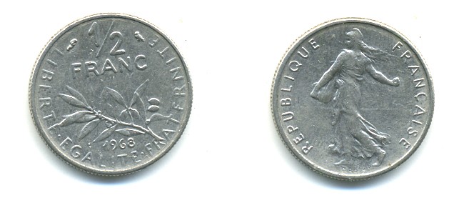 ФРАНЦИЯ 1/2 ФРАНКА 1968 KM 931.1 никель 25-824