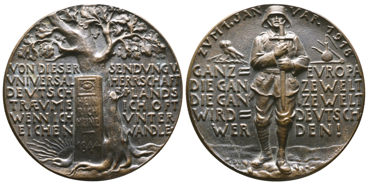 ГЕРМАНИЯ МЕДАЛЬ 1918 НА НОВЫЙ 1918 ГОД С ЦИТАТОЙ ВИЛЬГЕЛЬМА II: ВСЯ ЕВРОПА, ВЕСЬ МИР БУДЕТ НЕМЕЦКИМ, СОЛДАТ, ГЕНРИХ ГЕЙНЕ, ДУБ, ЦИТАТА, ГРАВЕР К. ГЕТЦ, 90 мм, 173,2 гр Kienast 201 бронза 6-3-1-21