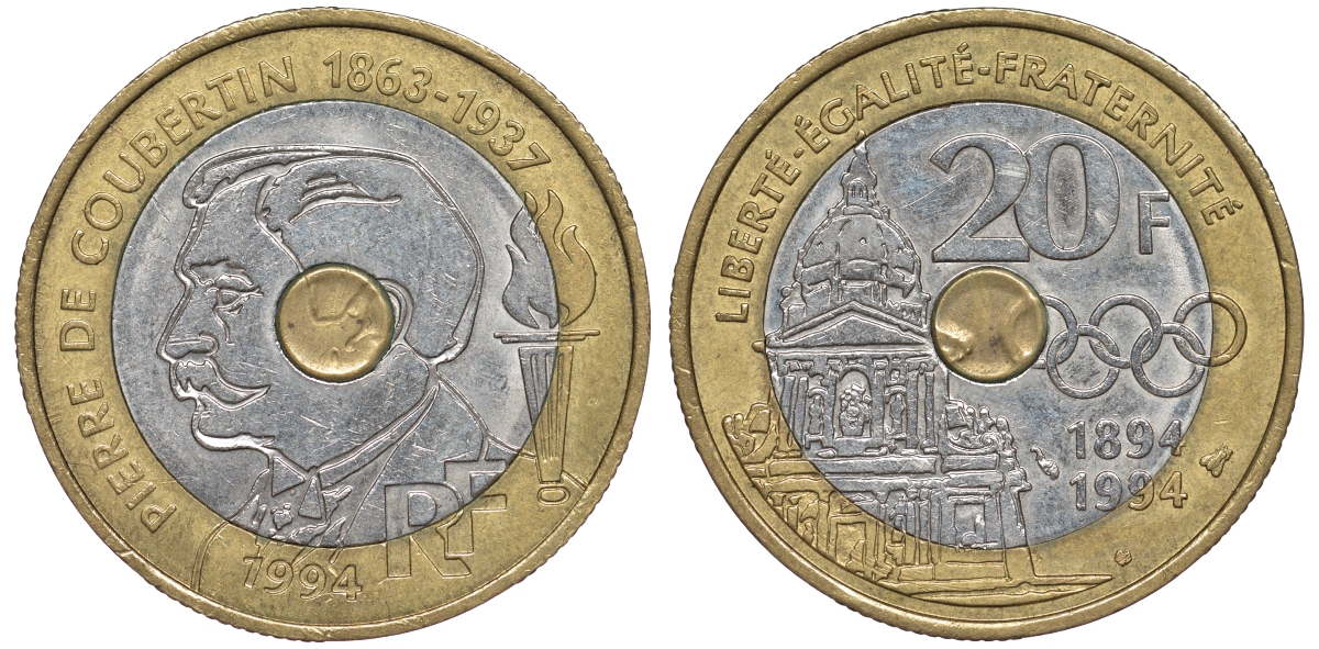 Франция 20 франков 1994 100 лет международному Олимпийскому комитету, Пьер Кубертен KM 1036, Le Franc 405.2 триметалл 91-542