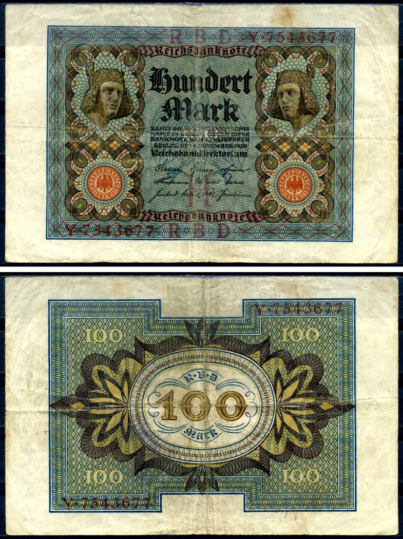 Германия 100 марок 1920 Бамбергский всадник, 7 цифр в номере Pick 69 a, Розенберг 67а  бумага 8617-34-2-2