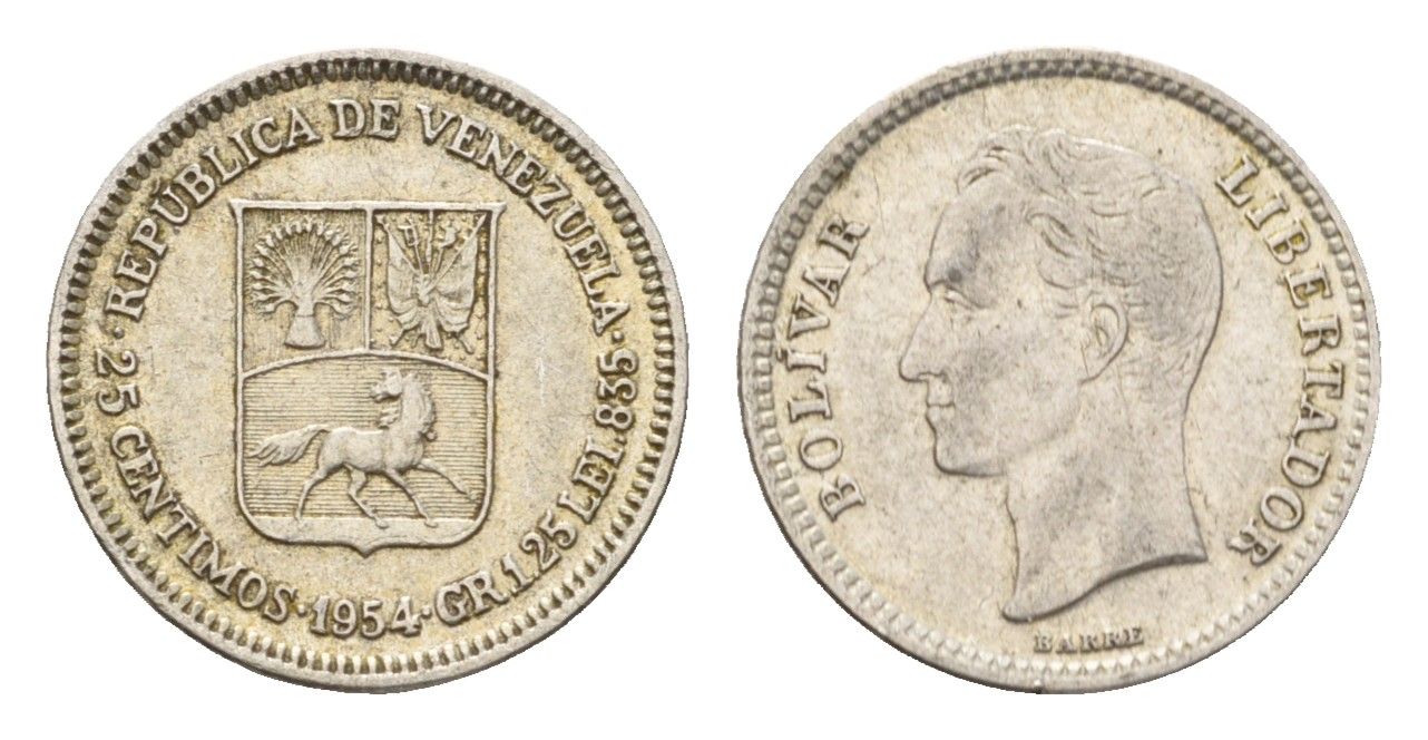 Венесуэла 25 сентимо 1954 Симон Боливар, год-тип Y 35 серебро 4679-132