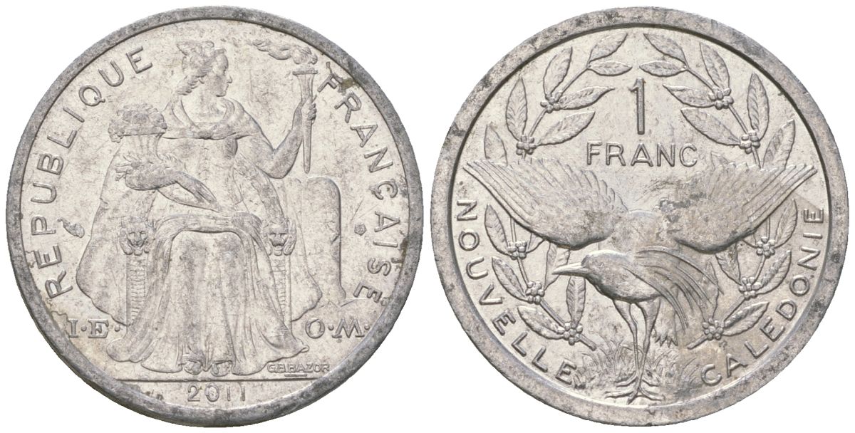 Французская Новая Каледония 1 франк 2011 птица кагу, (IEOM) KM 10, Schoen 10 алюминий 35-1422