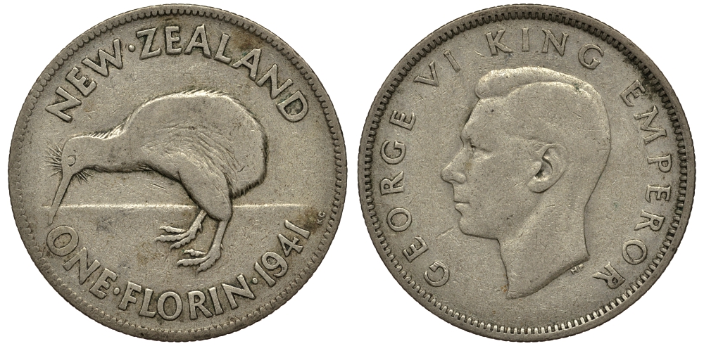 Новая Зеландия 1 флорин 1941 Георг VI (1936-1952), птичка киви KM 10.1 серебро 272-1521
