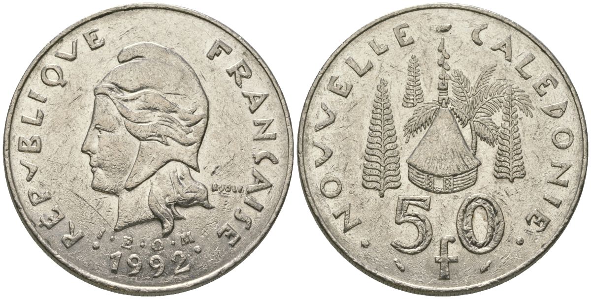 Французская Новая Каледония 50 франков 1992 хижина среди сосен и пальм, (IEOM) KM 13, Schoen 15, Lec 121 никель 111-542