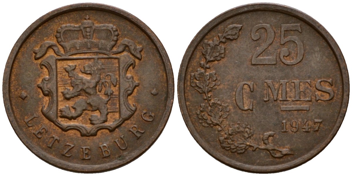 Люксембург 25 сантимов 1947 Шарлотта (1918-1964) KM 45 бронза 4532-647