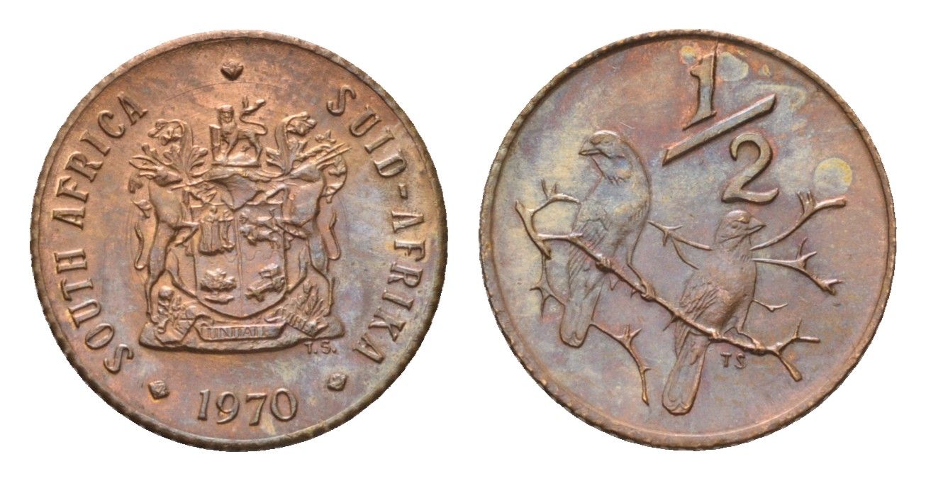 ЮАР 1/2 цента 1970 два капских воробья на ветке KM 81 бронза UNC 96-1161