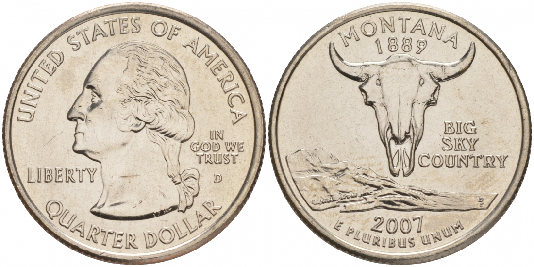 США 25 центов (квотер) 2007 D, серия штаты США, Монтана KM 396 медь плакированная медно-никелем UNC M25-14