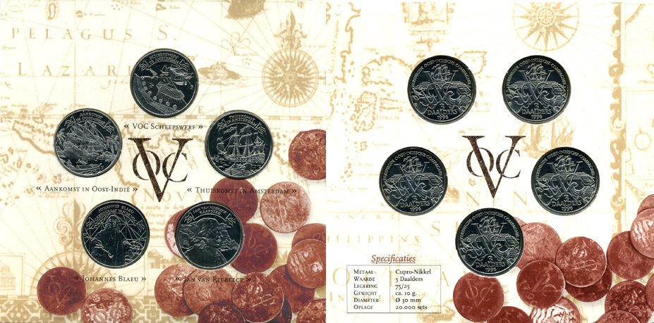 НИДЕРЛАНДЫ НАБОР ИЗ 5 ЖЕТОНОВ 1996 ГОЛЛАНДСКАЯ ОСТИНДСКАЯ КОМПАНИЯ (1602-1799), 3 DAALDERS? БУКЛЕТ, ТИРАЖ 20000 ЭКЗ. медно-никель UNC 7-6-34