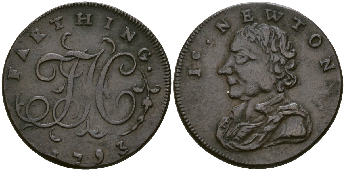 Великобритания, Мидлсекс 1 фартинг 1793 Исаак Ньютон Dalton & Hamer 1159, Atkins 2214 медь 1529-914