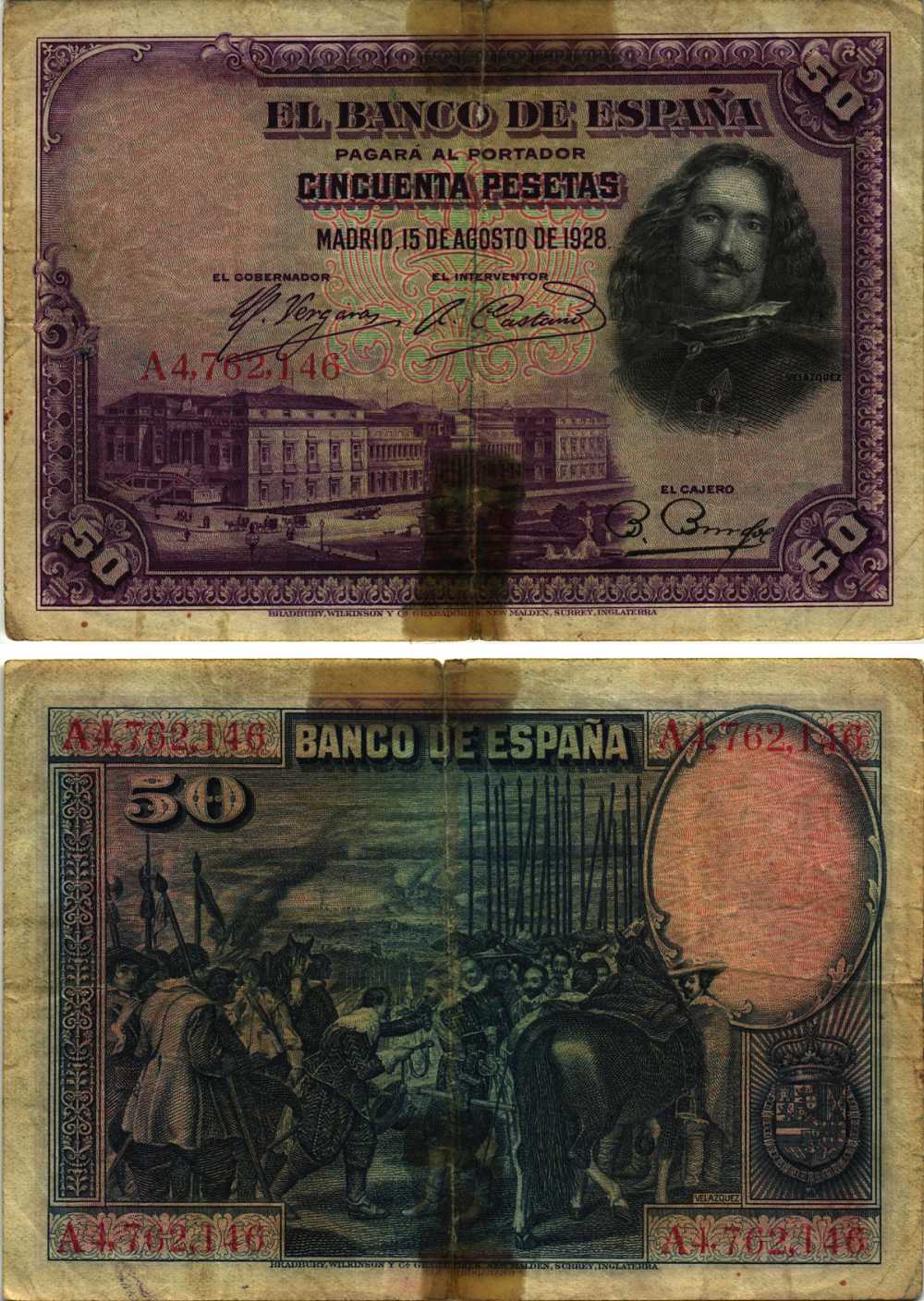 Испания 50 песет 1928 Диего Веласкес, музей Прадо в Мадриде, серия A Pick 75 a бумага 8609-27-1-2