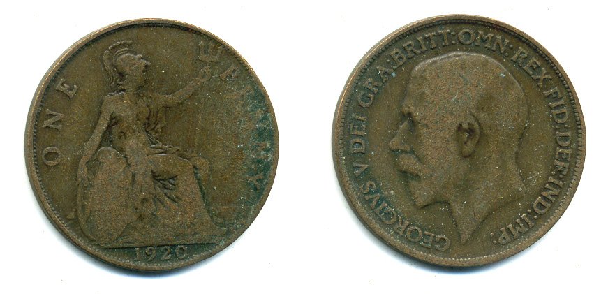 Великобритания 1 пенни 1920 Георг V (1910-1936) KM 810, Spink 4051 бронза 41-431